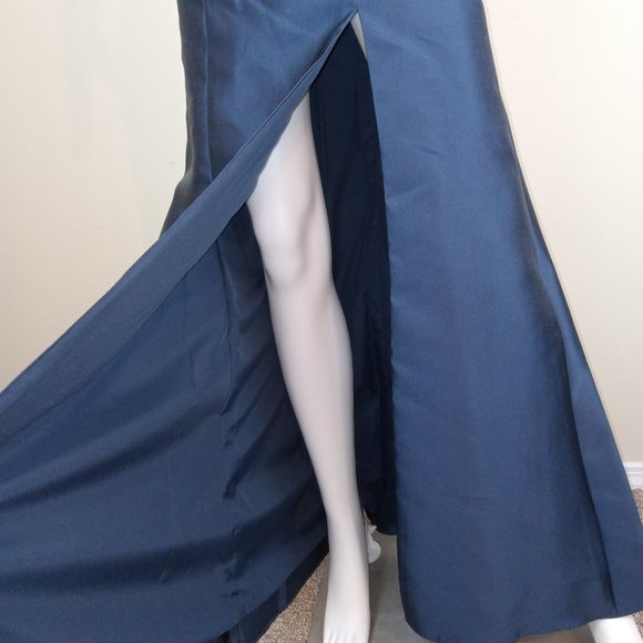 Alfred Sung Off The Shoulder Dress Women's Size 0 Midnight Blue Satin Maxi D751 - Picture 4 of 9